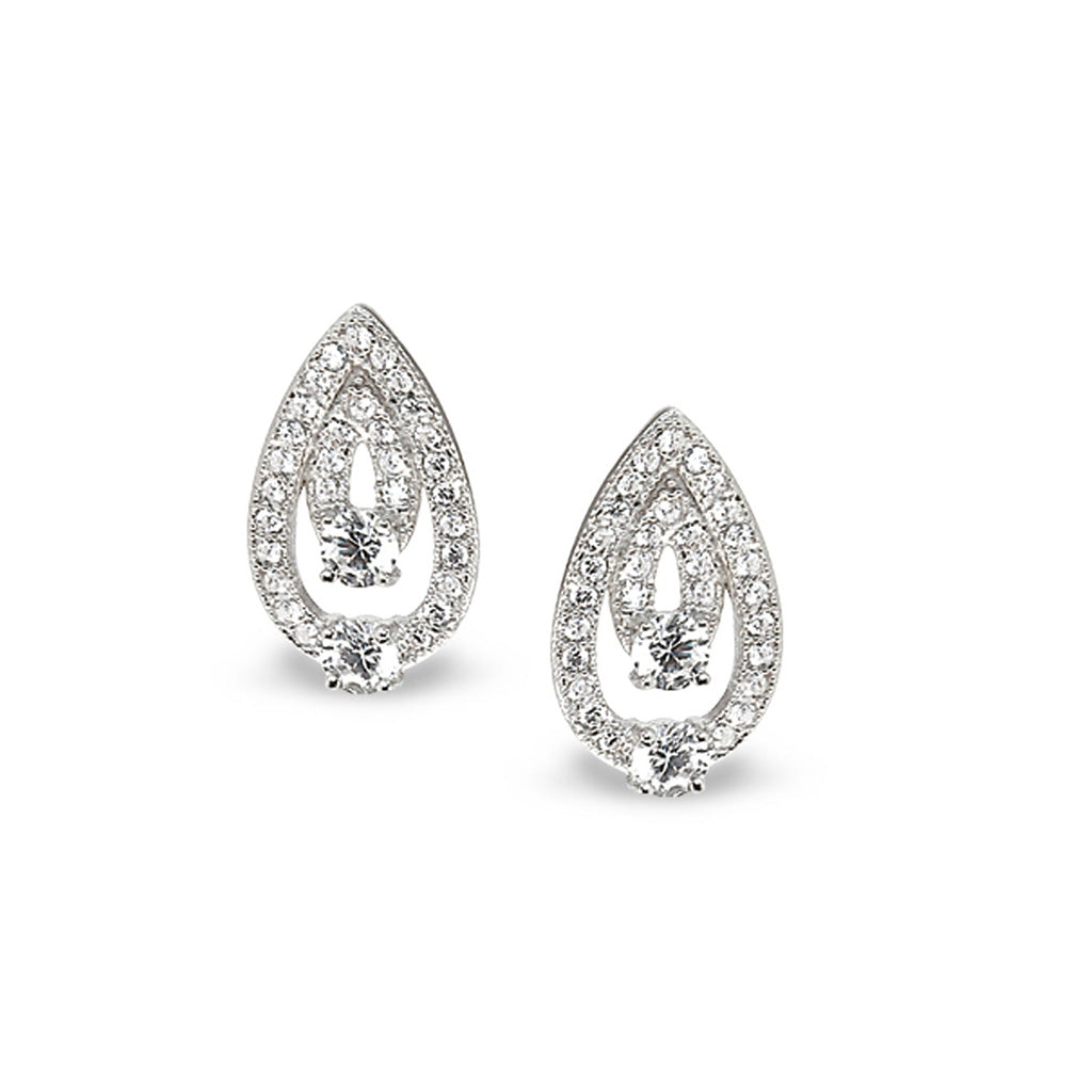 A two stone tear drop earrings with two 120 facet simulated diamonds displayed on a neutral white background.