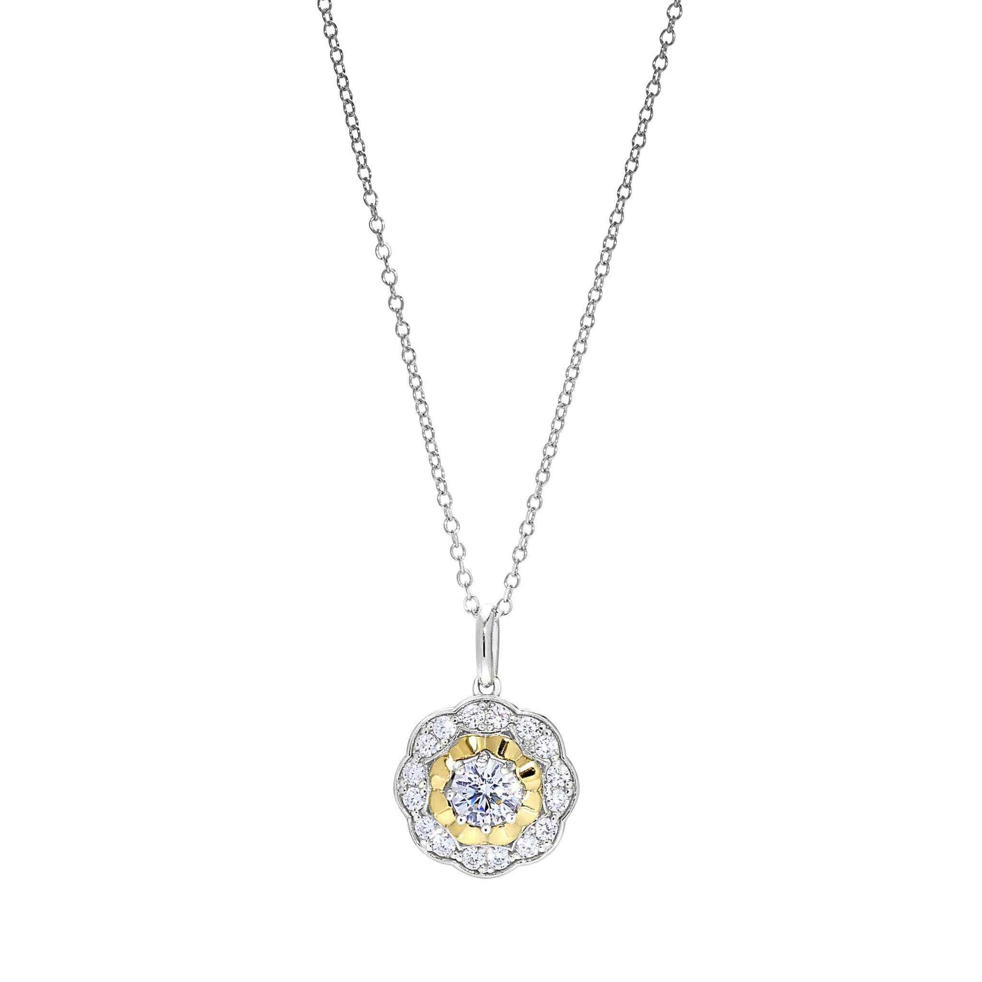 A two tone flower pendant with simulated diamonds on 18' cable chain displayed on a neutral white background.
