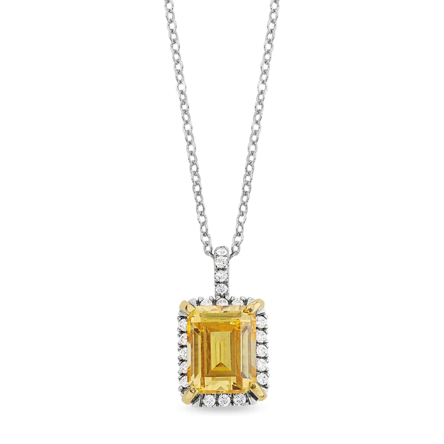 A vintage-style pendant with emerald cut canary stone & simulated diamonds displayed on a neutral white background.