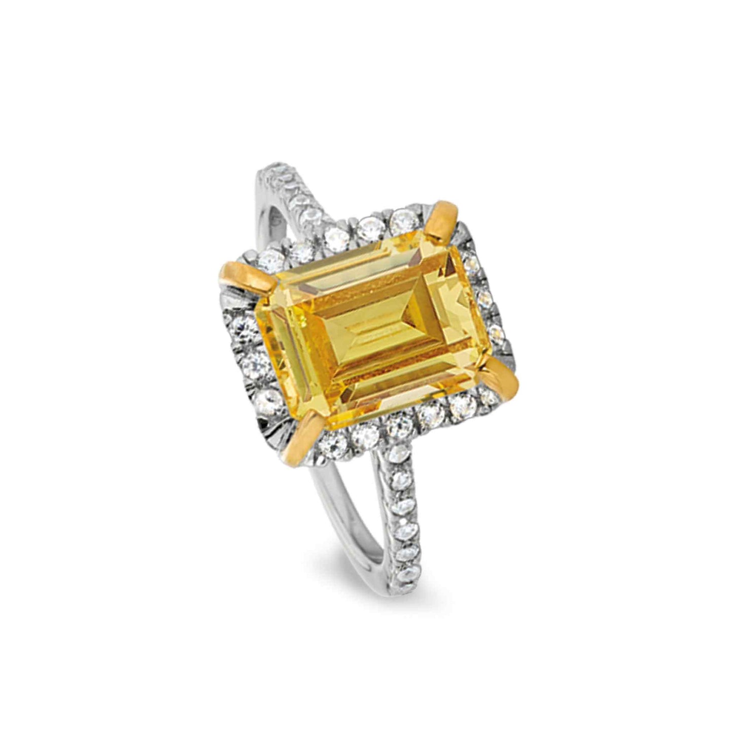 A vintage-style ring with emerald cut canary stone & simulated diamonds displayed on a neutral white background.