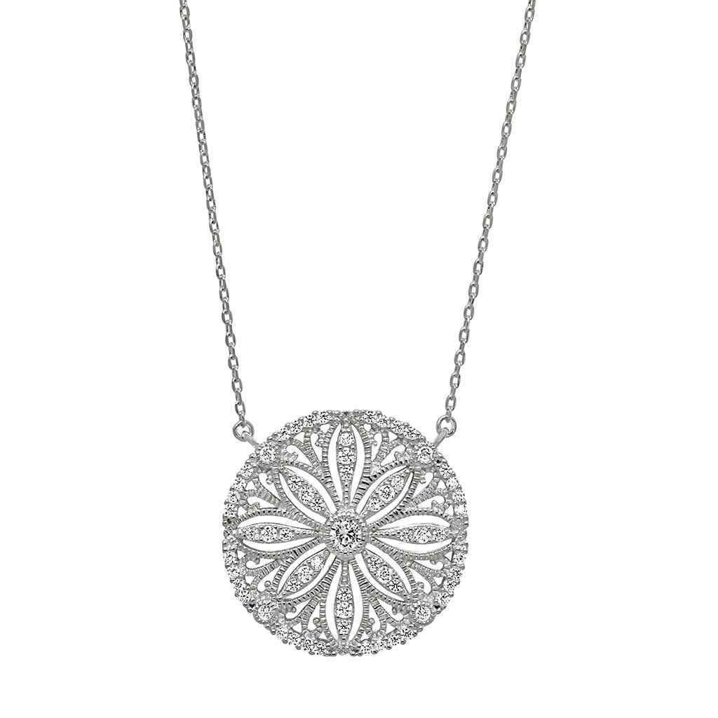 A vintage-style sand dollar necklace with simulated diamonds displayed on a neutral white background.