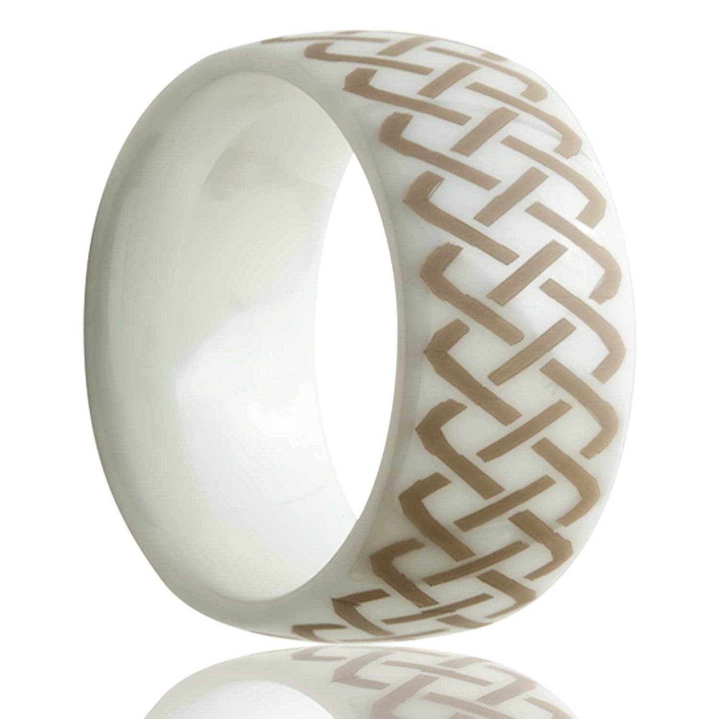 A celtic sailor's knot domed white ceramic men's wedding band displayed on a neutral white background.