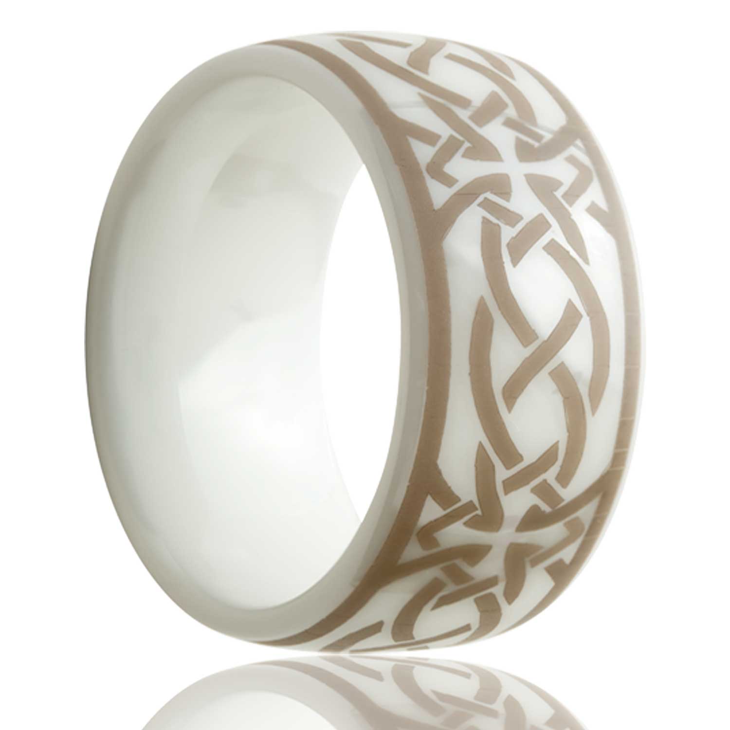 A celtic cross knot domed white ceramic men's wedding band displayed on a neutral white background.
