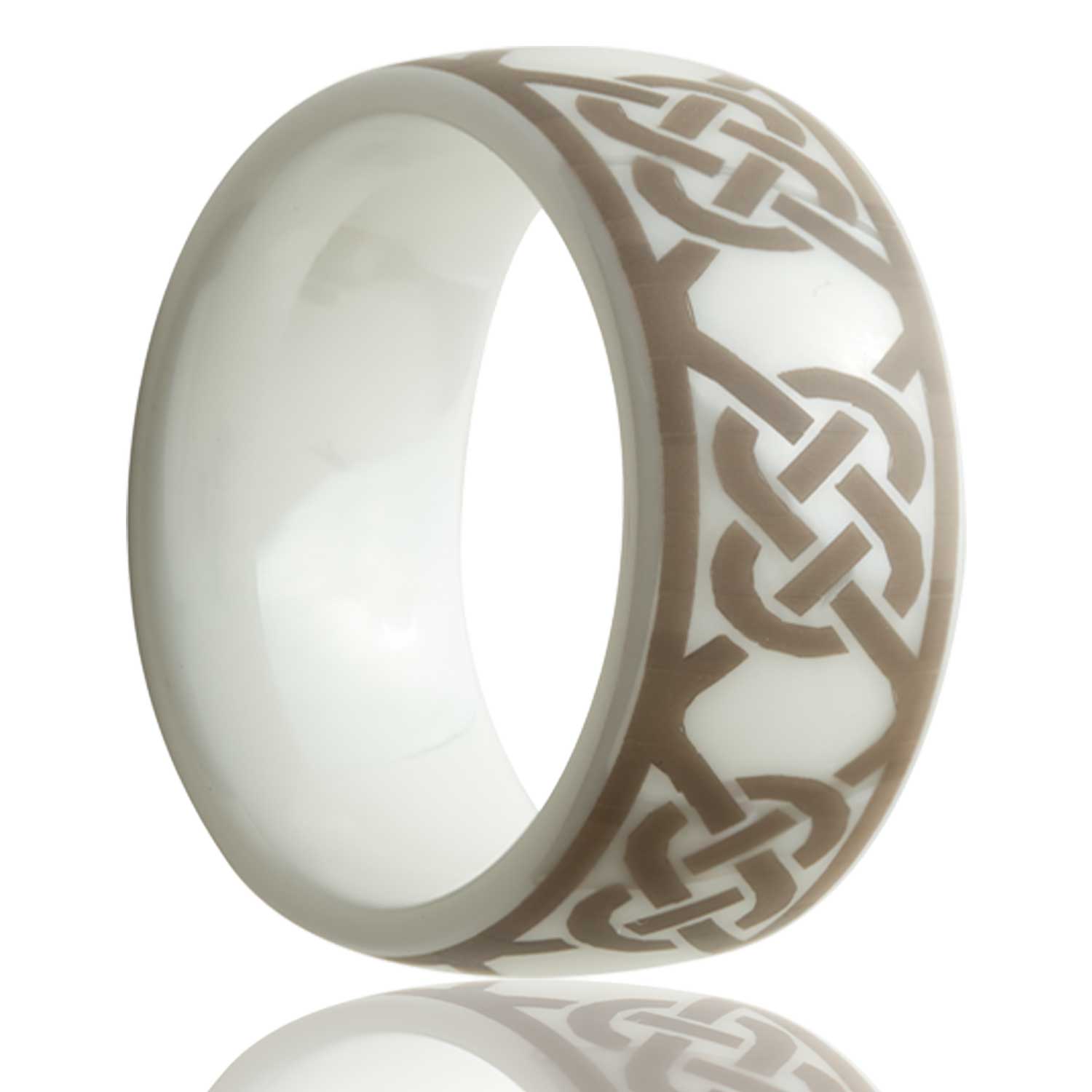 A celtic twist knot domed white ceramic men's wedding band displayed on a neutral white background.