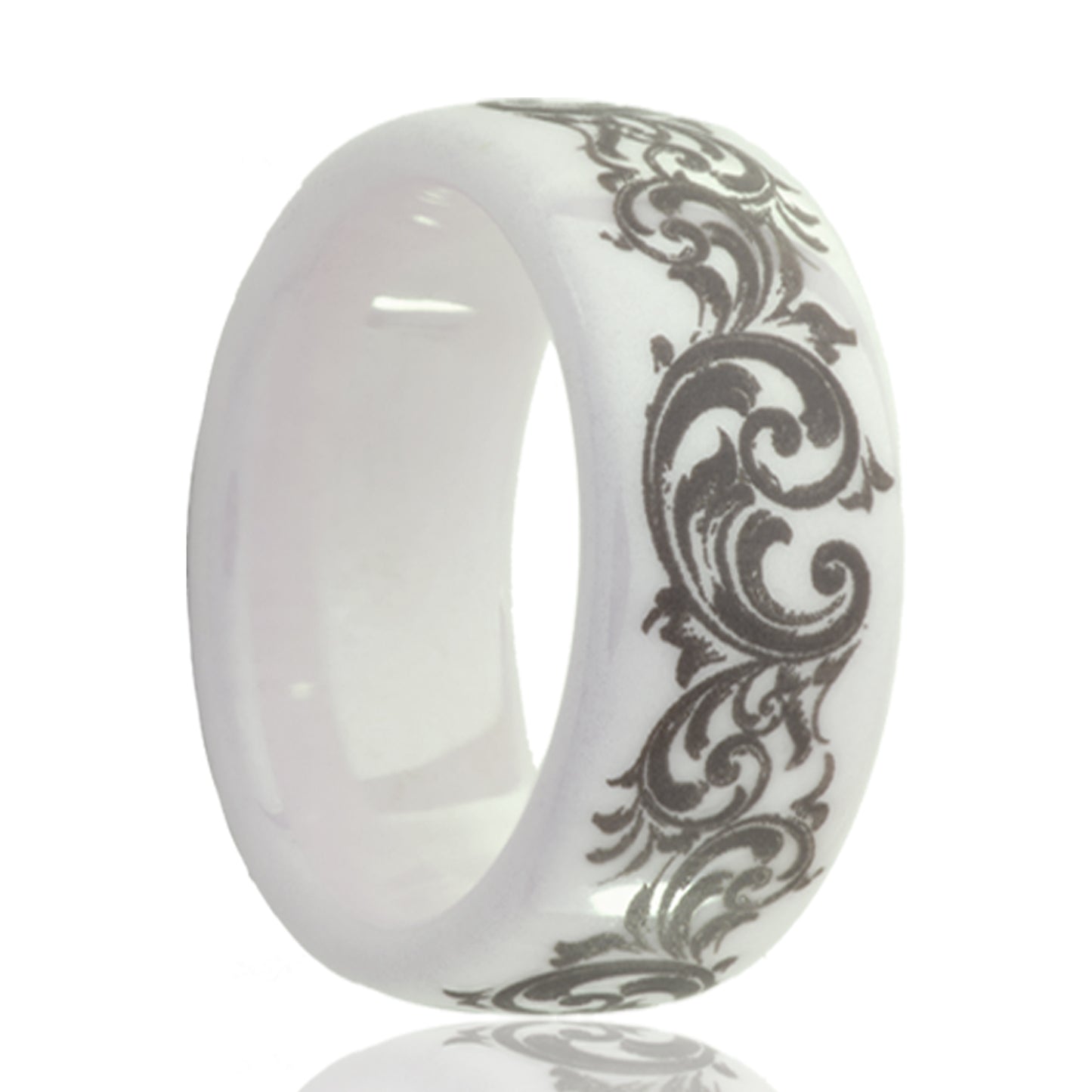 A swirl pattern domed white ceramic men's wedding band displayed on a neutral white background.
