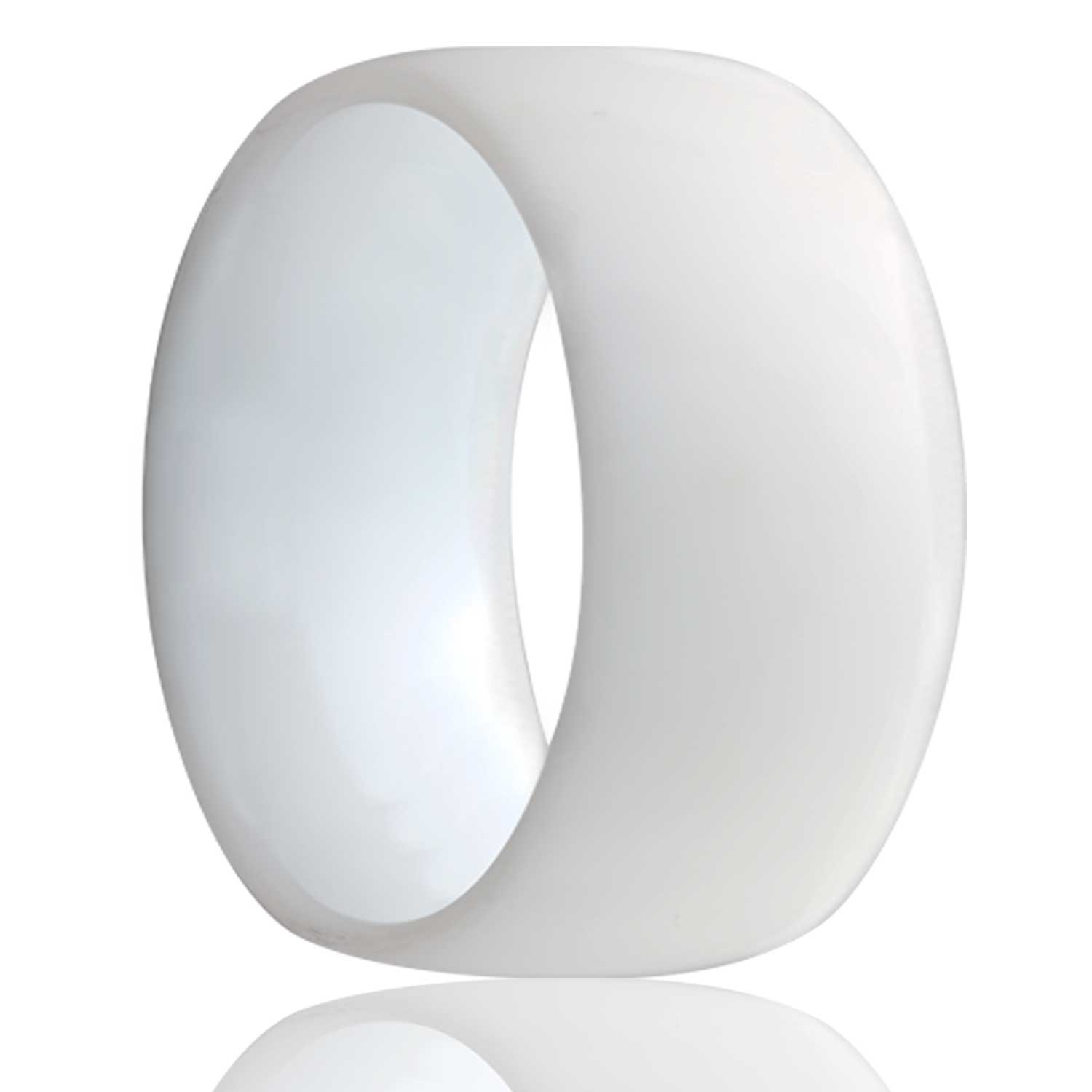 A domed sandblasted white black ceramic wedding band displayed on a neutral white background.