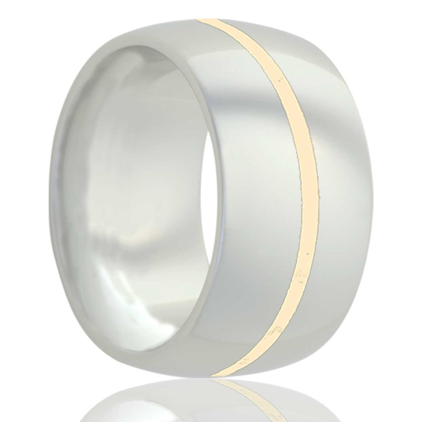 A domed white ceramic men's wedding band displayed on a neutral white background.