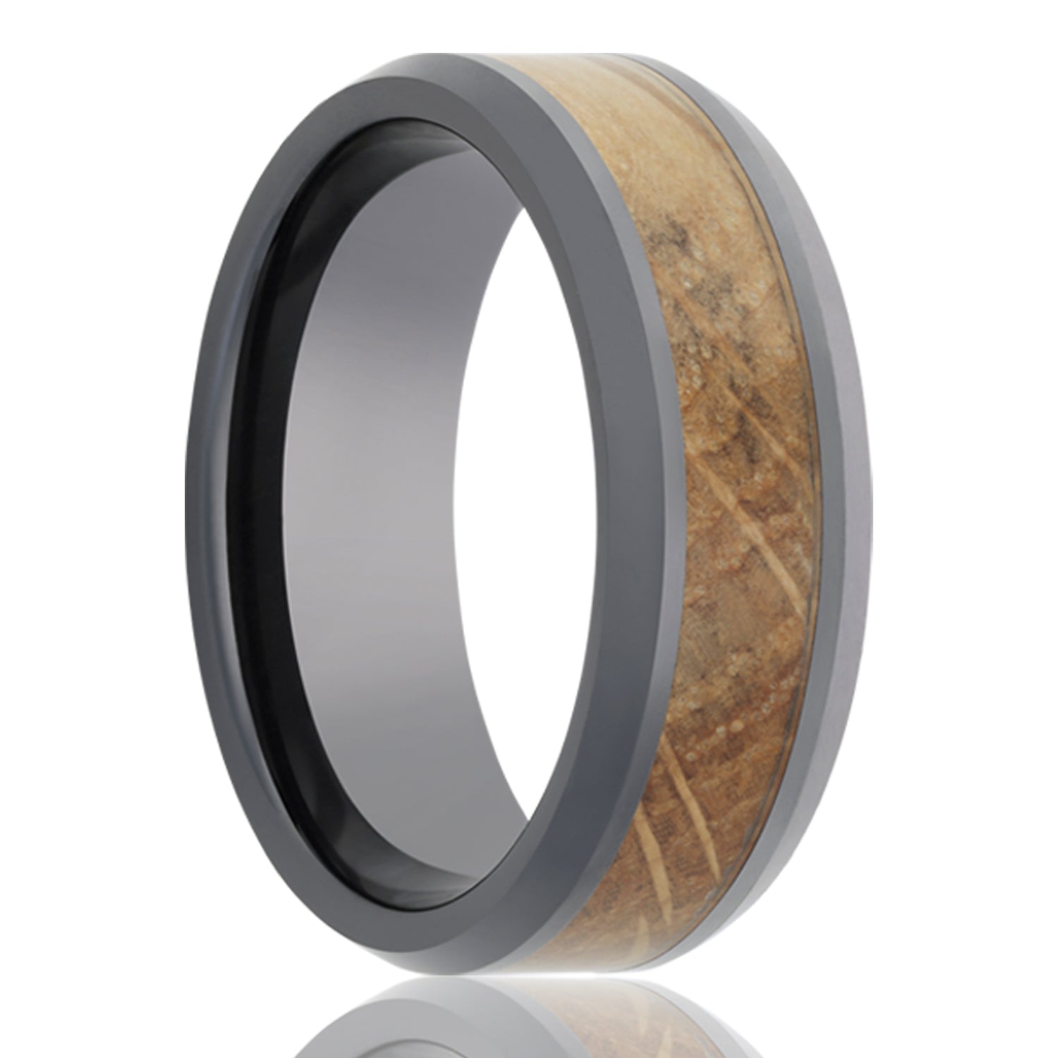 Whiskey Barrel Wood Inlay Ceramic Wedding Band with Beveled Edges