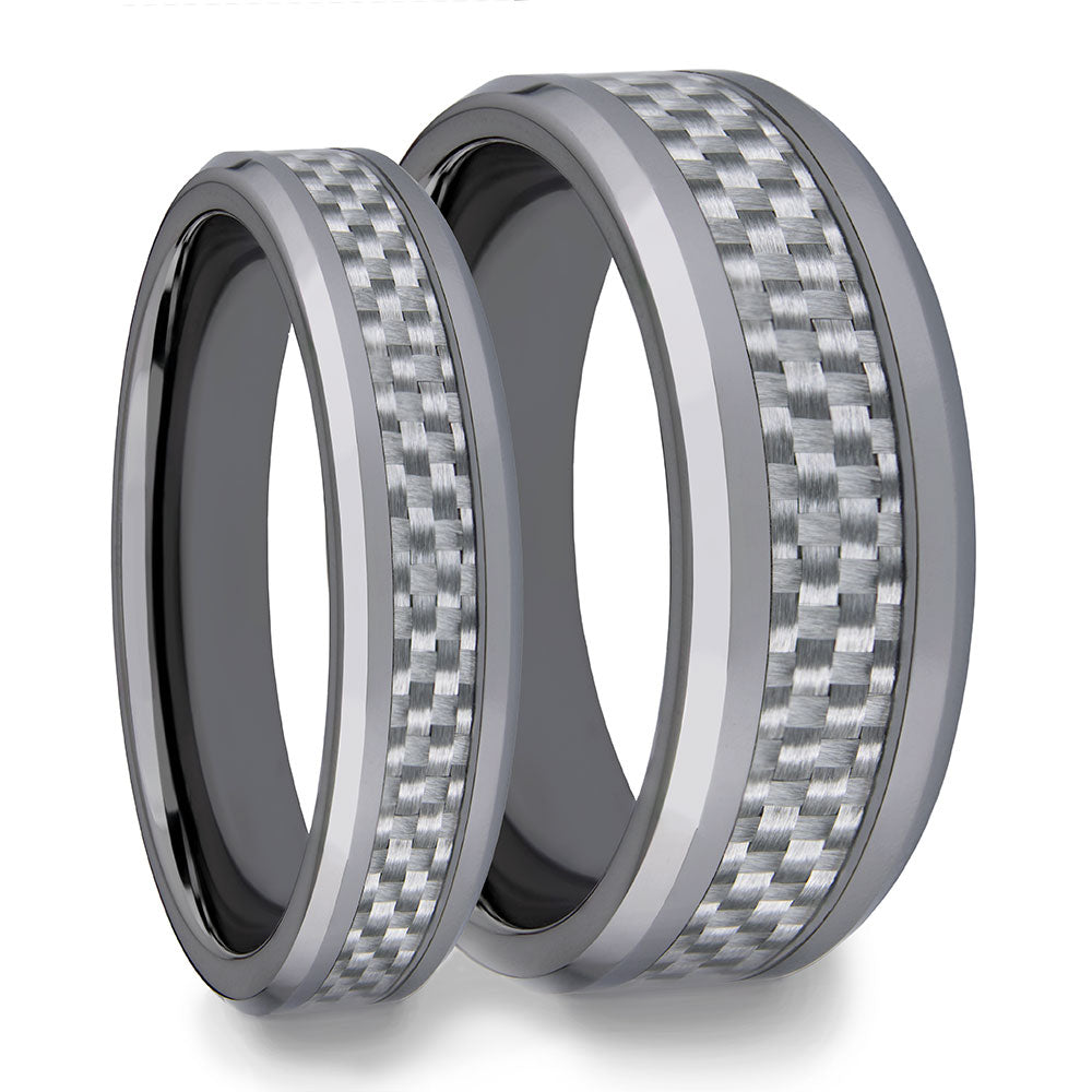 White Carbon Fiber Inlaid Tungsten Carbide Couple's Matching Wedding Band Set