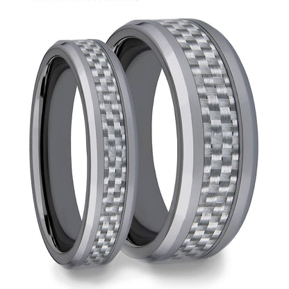 White Carbon Fiber Inlaid Tungsten Carbide Couple's Matching Wedding Band Set
