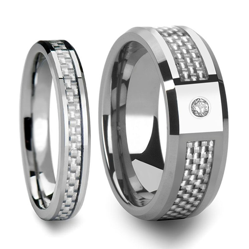 White Carbon Fiber Inlaid Tungsten Couple's Matching Wedding Band Set