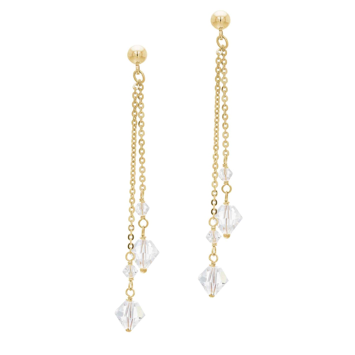 A white crystal drop earrings displayed on a neutral white background.
