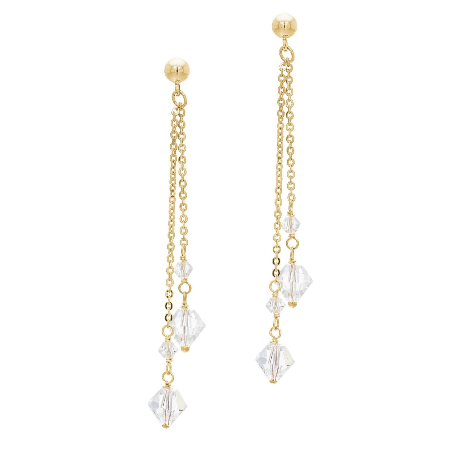 A white crystal drop earrings displayed on a neutral white background.