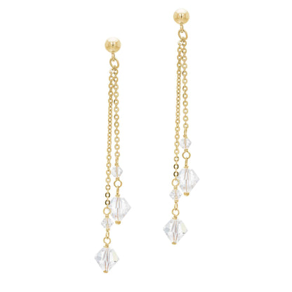 A white crystal drop earrings displayed on a neutral white background.