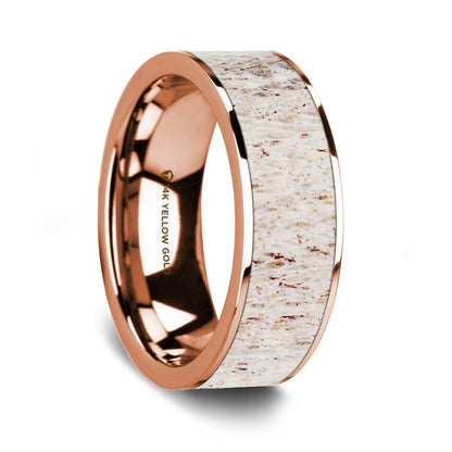 White Deer Antler Inlay 14k Rose Gold Men's Wedding Band