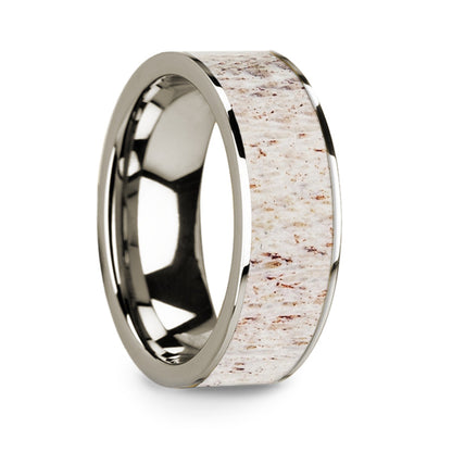 White Deer Antler Inlay 14k White Gold Men's Wedding Band