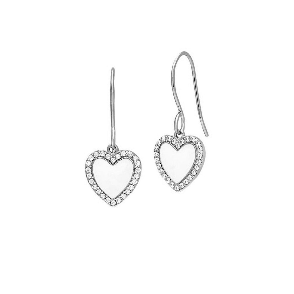 A white enamel heart earrings with simulated diamonds displayed on a neutral white background.