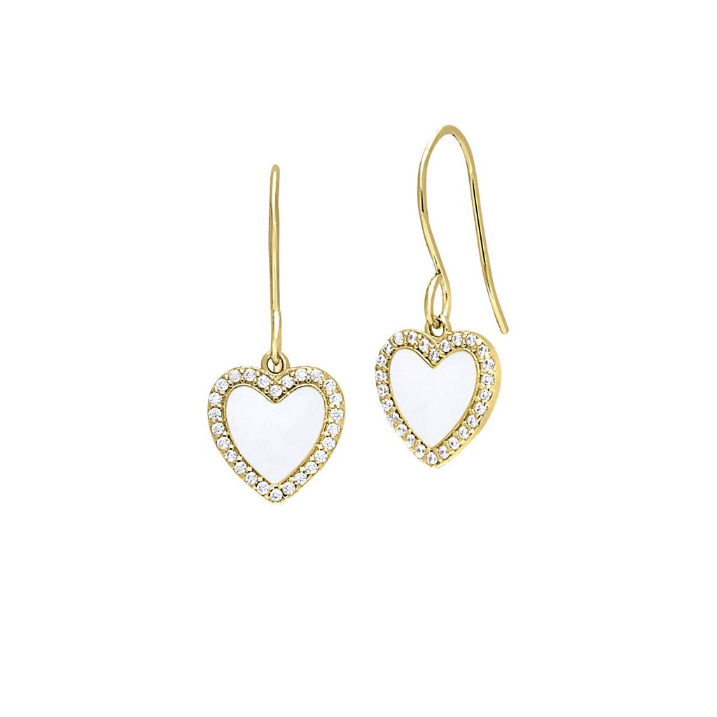 A white enamel heart earrings with simulated diamonds displayed on a neutral white background.