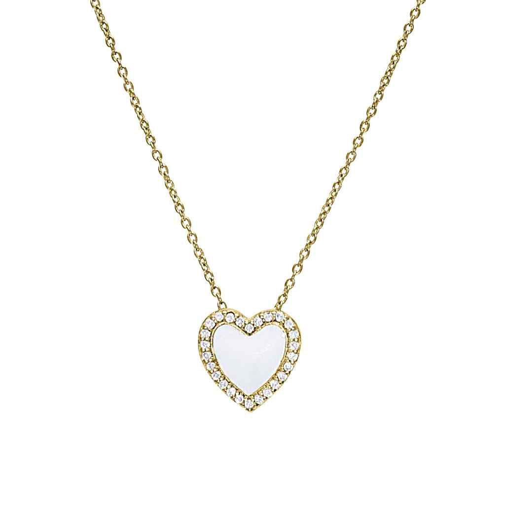 A white enamel heart necklace with simulated diamonds displayed on a neutral white background.
