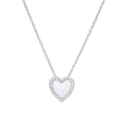 A white enamel heart necklace with simulated diamonds displayed on a neutral white background.