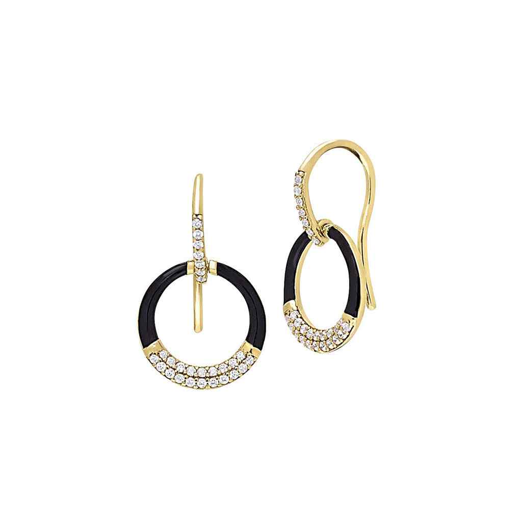 A white enamel open circle drop earrings with simulated diamonds displayed on a neutral white background.