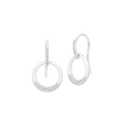 A white enamel open circle drop earrings with simulated diamonds displayed on a neutral white background.