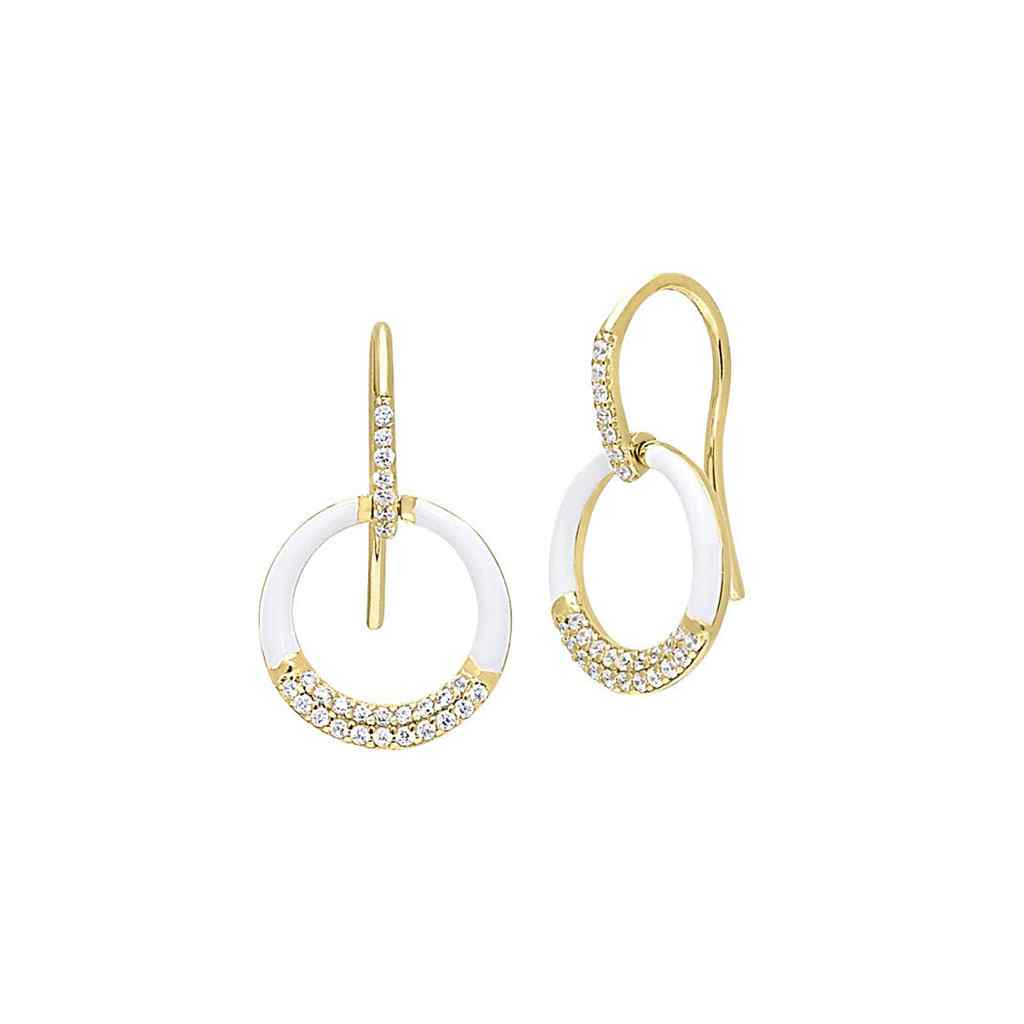 A white enamel open circle drop earrings with simulated diamonds displayed on a neutral white background.
