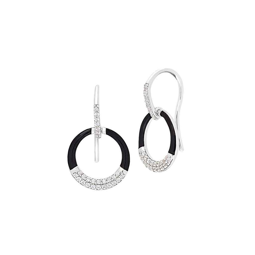 A white enamel open circle drop earrings with simulated diamonds displayed on a neutral white background.