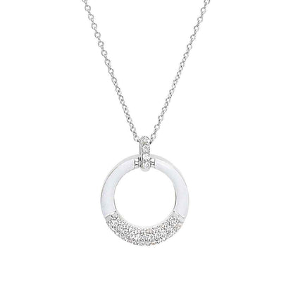 A white enamel open circle necklace with simulated diamonds displayed on a neutral white background.