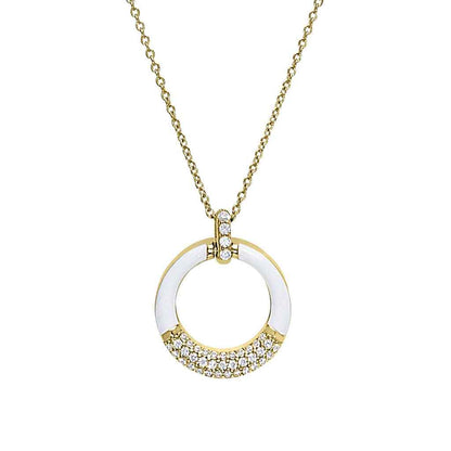 A white enamel open circle necklace with simulated diamonds displayed on a neutral white background.