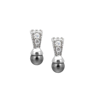 A white glass pearl simulated diamond earrings displayed on a neutral white background.