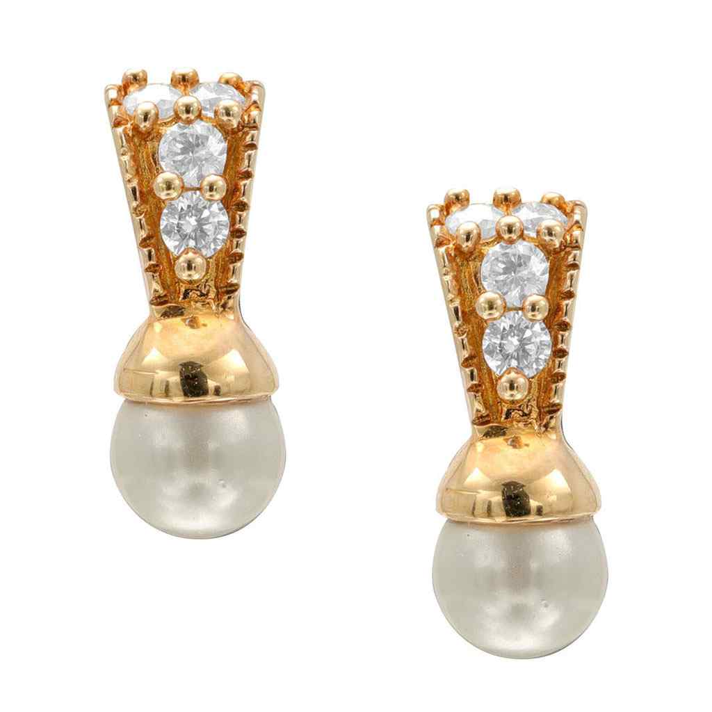 A white glass pearl simulated diamond earrings displayed on a neutral white background.