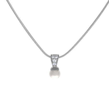 A white glass pearl simulated diamond necklace displayed on a neutral white background.