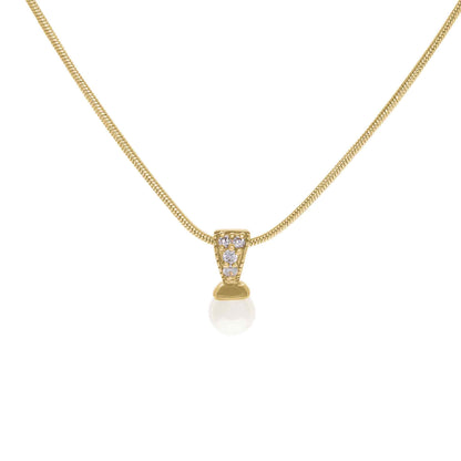 A white glass pearl simulated diamond necklace displayed on a neutral white background.