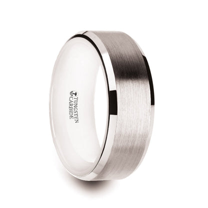 White Tungsten Men's Wedding Band with Contrasting White Interior