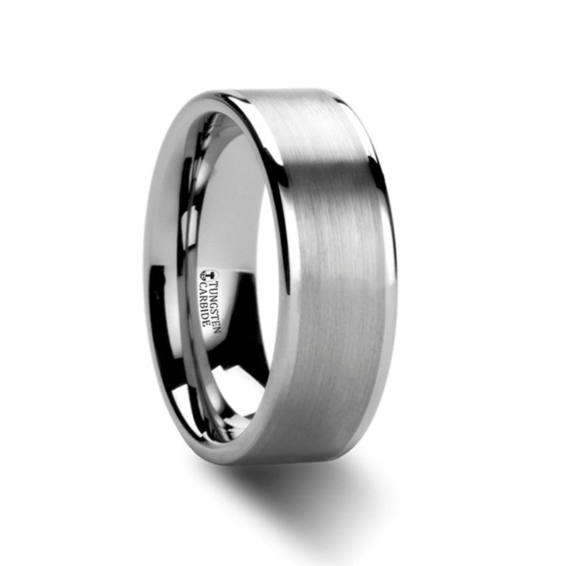White Tungsten Wedding Band with Brushed Stripe