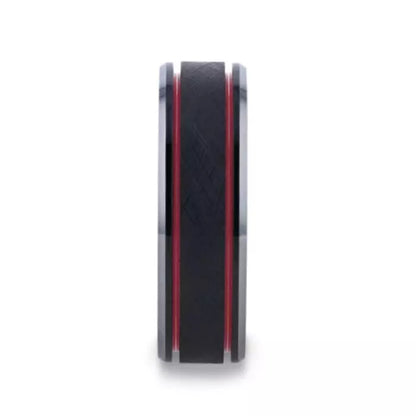 Wire Brushed Black Tungsten Men's Wedding Band with Red Grooves