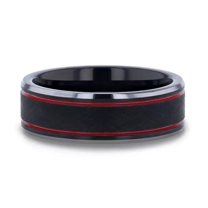 Wire Brushed Black Tungsten Men's Wedding Band with Red Grooves