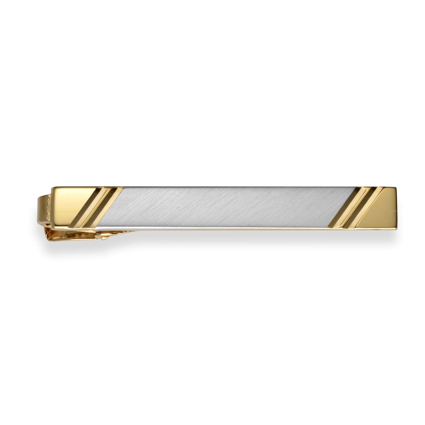 A gold & silver geometric stripe diagonal tie bar displayed on a neutral white background.