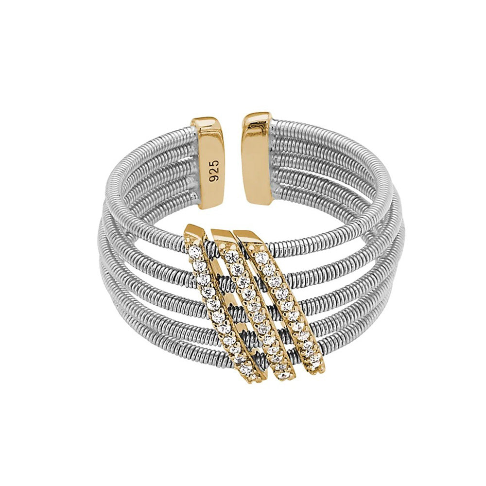 A triple diagonal flexible cable women's ring with synthetic diamonds displayed on a neutral white background.