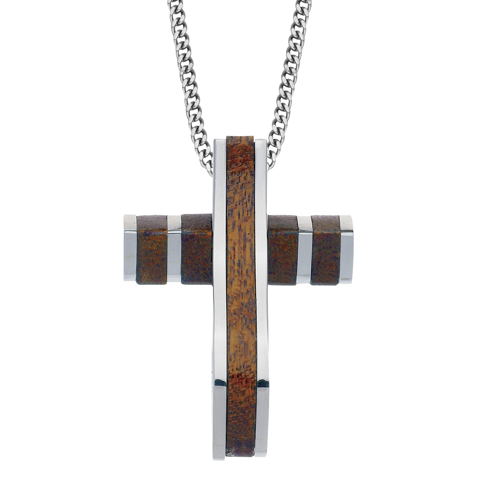 A wood & stainless steel cross necklace on 24" chain displayed on a neutral white background.
