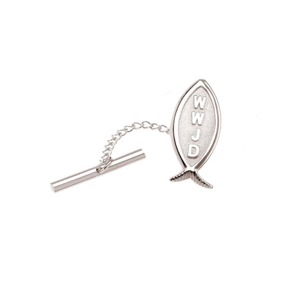 A wwjd christian fish tie tack displayed on a neutral white background.
