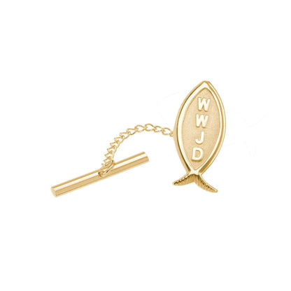 A wwjd christian fish tie tack displayed on a neutral white background.