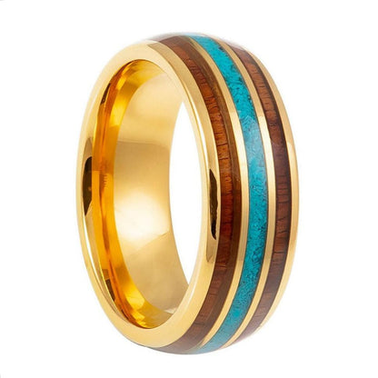 Yellow Gold Tungsten Men's Wedding Band with Blue Stone & Wood Inlays