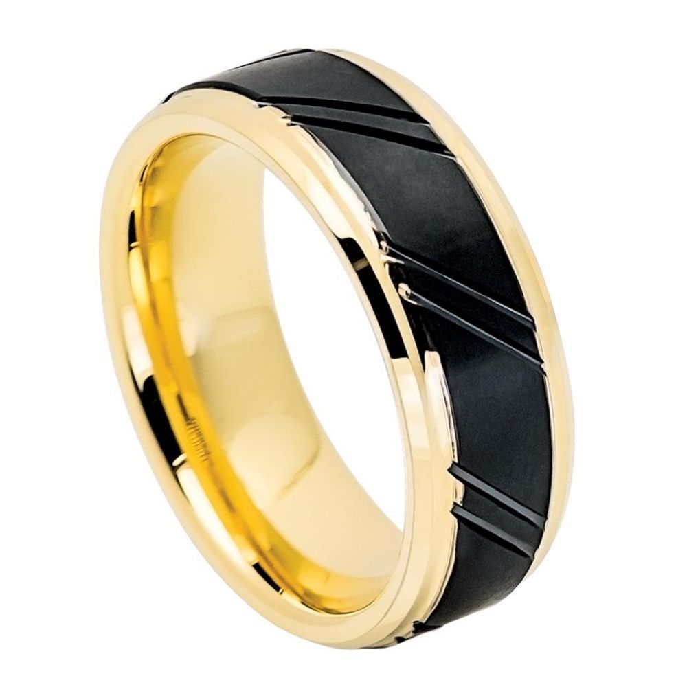 Yellow Gold Tungsten Men's Wedding Band with Diagonal Grooves