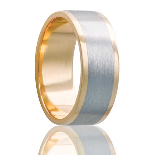 A 14k yellow gold satin finish men's wedding band with cobalt inlay displayed on a neutral white background.