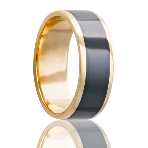 A 14k yellow gold men's men's wedding band with zirconium inlay displayed on a neutral white background.