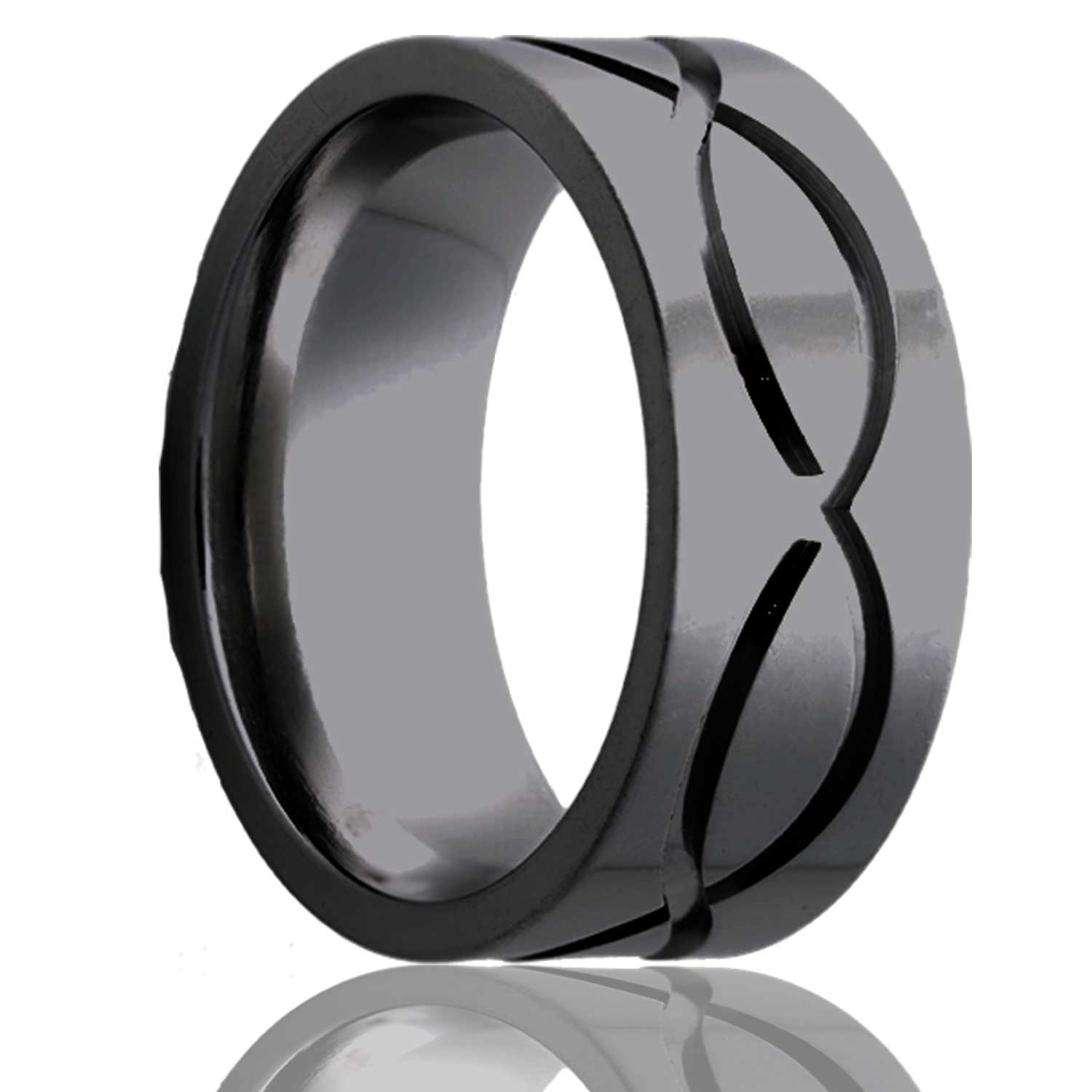 A infinity waves zirconium men's wedding band displayed on a neutral white background.
