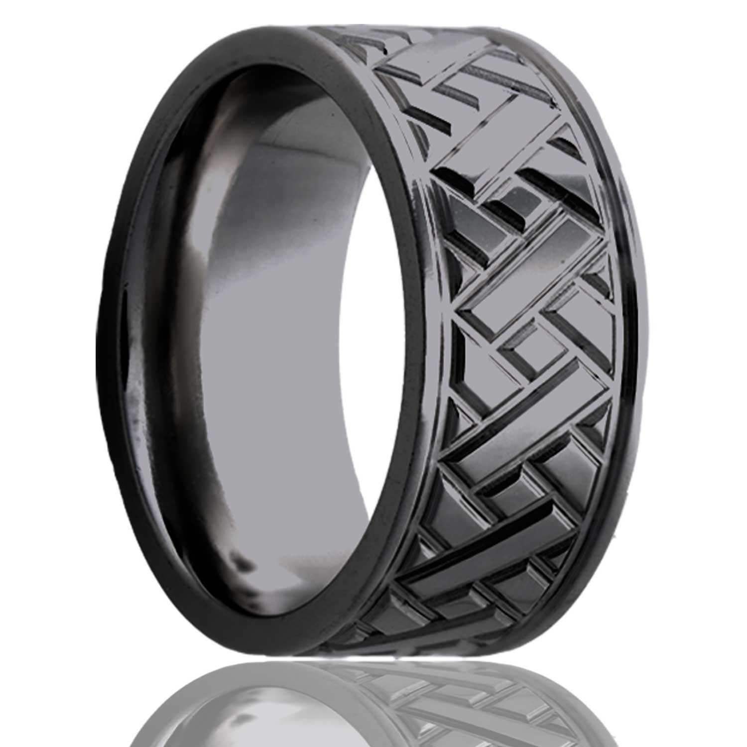 A grooved diagonal pattern zirconium men's wedding band displayed on a neutral white background.