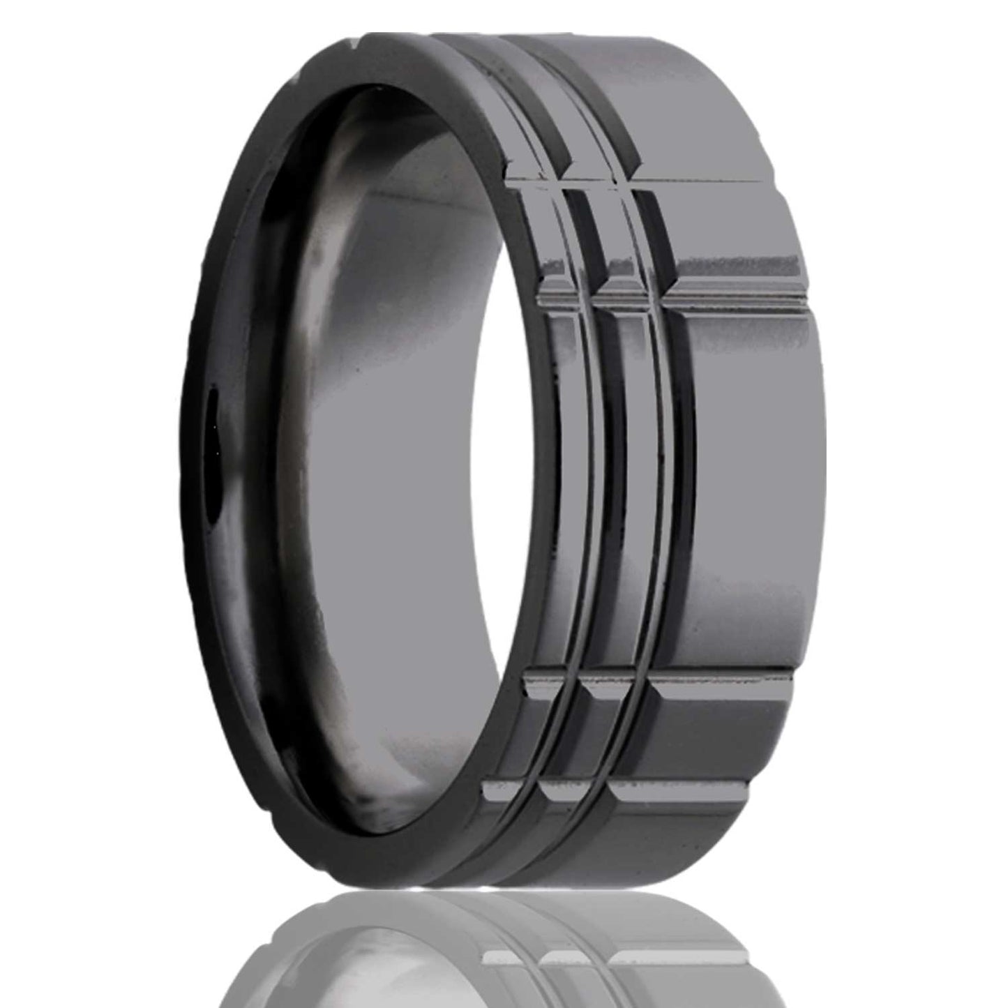 A asymmetrical intersecting grooves zirconium men's wedding band displayed on a neutral white background.